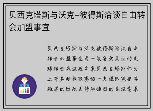 贝西克塔斯与沃克-彼得斯洽谈自由转会加盟事宜