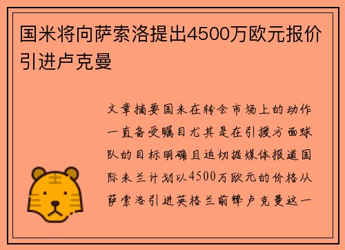 国米将向萨索洛提出4500万欧元报价引进卢克曼