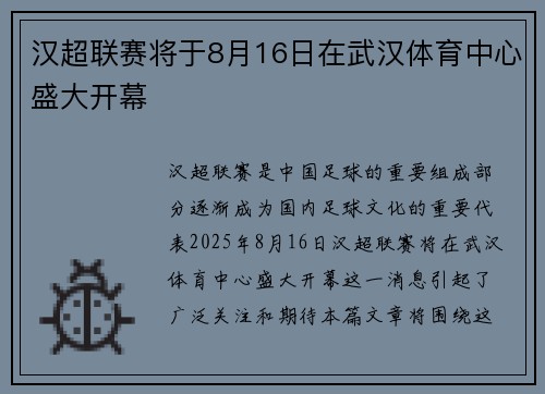 汉超联赛将于8月16日在武汉体育中心盛大开幕