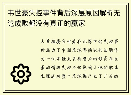 韦世豪失控事件背后深层原因解析无论成败都没有真正的赢家
