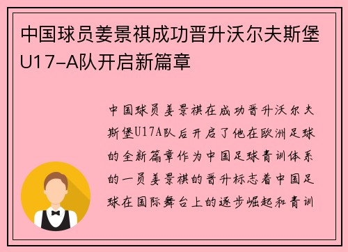 中国球员姜景祺成功晋升沃尔夫斯堡U17-A队开启新篇章