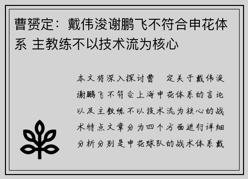 曹赟定：戴伟浚谢鹏飞不符合申花体系 主教练不以技术流为核心