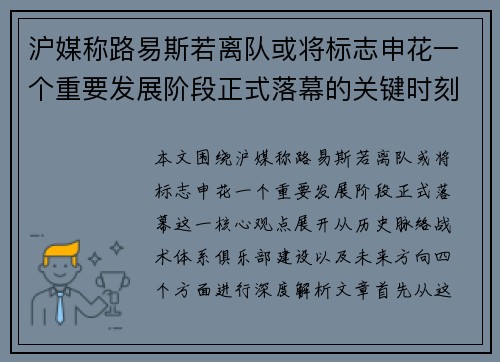 沪媒称路易斯若离队或将标志申花一个重要发展阶段正式落幕的关键时刻